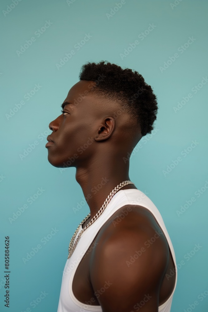 Obraz premium Confident Young Black Man with Modern Hairstyle in White Tank Top