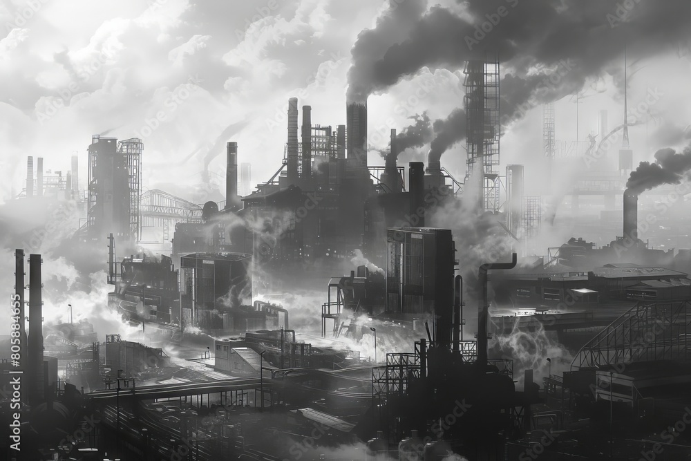 An industrial zone in shades of charcoal, showcasing factories, machinery, and smokestacks An industrial zone in shades of charcoal, showcasing factories, machinery, and smokestacks