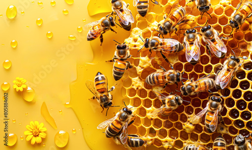 A group of bees are sitting on a honeycomb