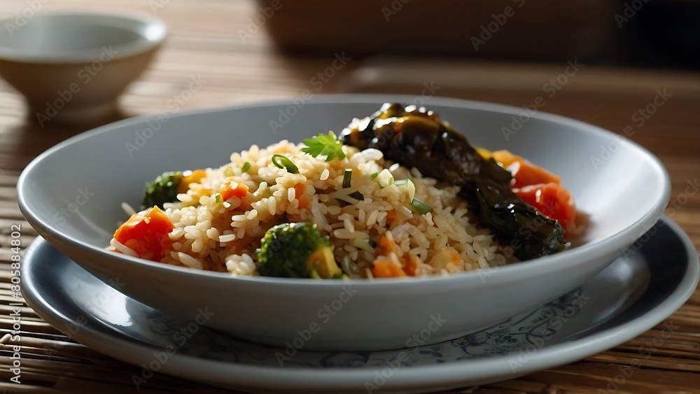 Delicious Fried Rice With Vegetables And Sauce On A Plate. Delicious Fried Rice With Vegetables And Sauce On A Plate.