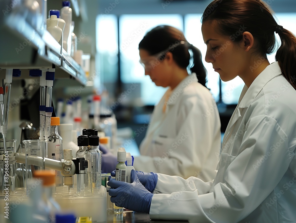 Two Women Conducting Experiments in Laboratory Two Women Conducting Experiments in Laboratory