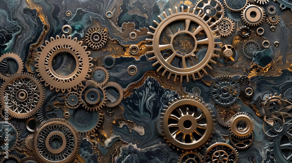 An intricate pattern of interlocking gears and cogs cut from metallic papers, creating a steampunk aesthetic