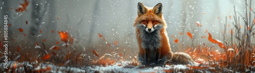 A cute fox in a winter scene, fluffed fur against snow photo