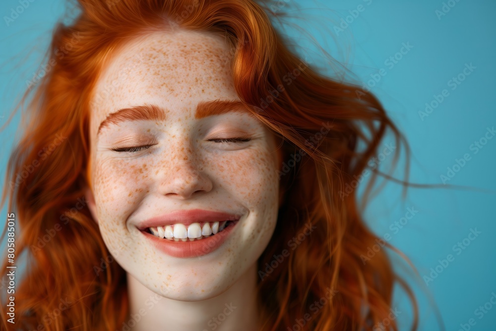 Joyful Redhead Woman with Freckles Smiling on Blue Background Joyful Redhead Woman with Freckles Smiling on Blue Background