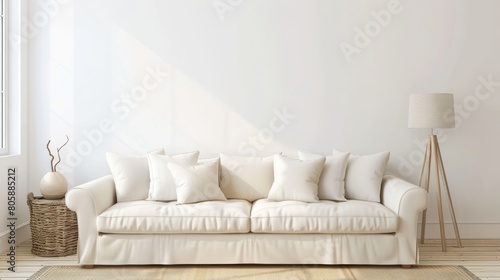 Bright and cozy modern living room interior have sofa and lamp with white wall background.