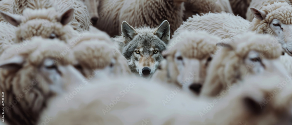 Cunning wolf camouflaged among sheep, a metaphor for deception.
