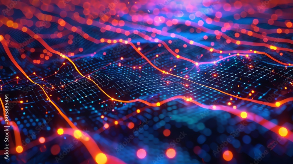 Closeup, intricate data paths, dynamic glitch patterns, 3D visualization of social networking Closeup, intricate data paths, dynamic glitch patterns, 3D visualization of social networking