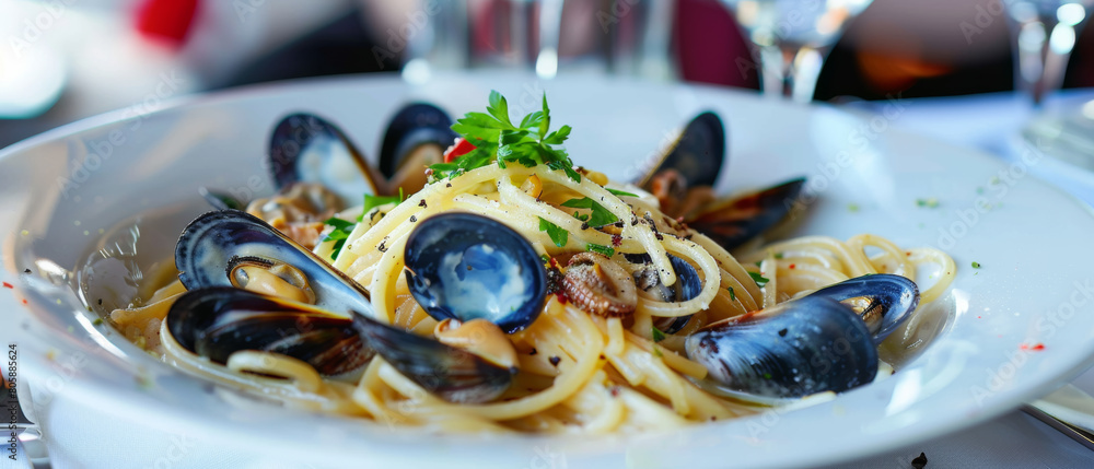Gourmet seafood pasta with mussels served on a white dish.