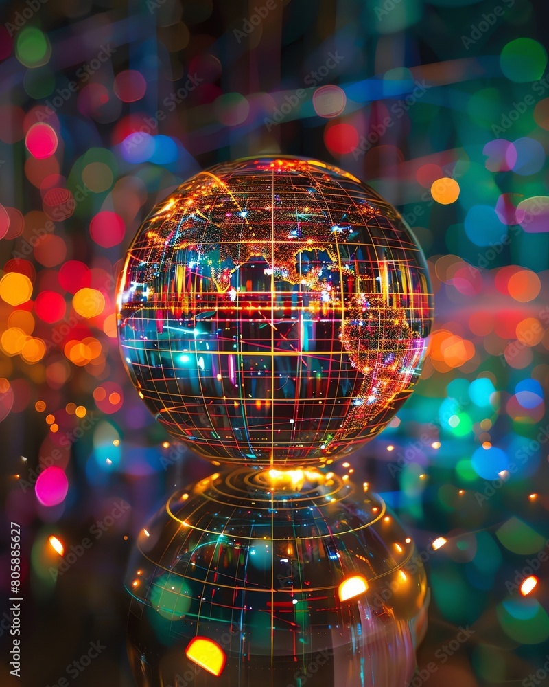 Obraz premium Digital neon globe, wideangle, amidst data streams, soft light, global connectivity concept