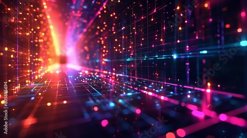 Glowing color lattice, wideangle, neon grid pulsating, vibrant, futuristic abstract backdrop photo