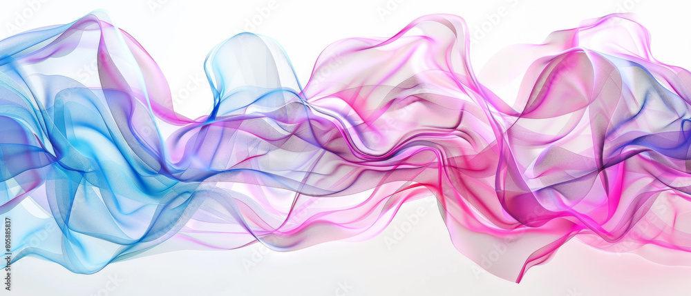 Silky abstract ripples of blue and pink on a white background.