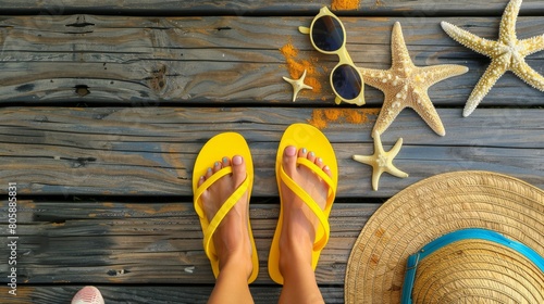 Feet with Yellow Flip-Flops on Deck