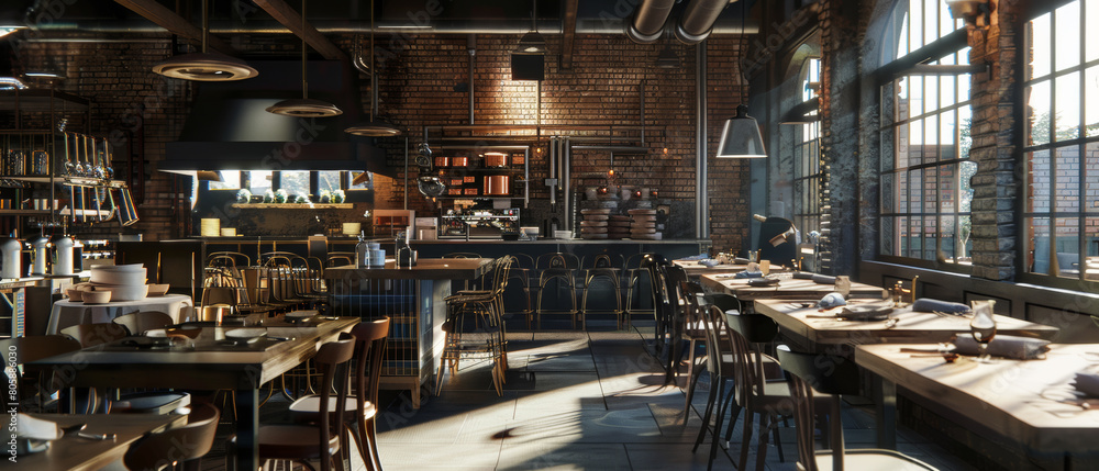 A cozy ambiance in a rustic restaurant setting with sunlight peeking through windows.