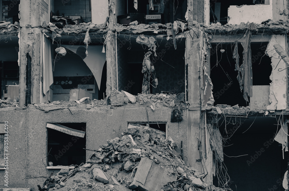 Fototapeta premium destroyed and burned houses in the city Russia Ukraine war