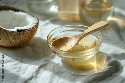 A round glass bowl contains liquid coconut MCT oil, accompanied by a wooden spoon and bottles