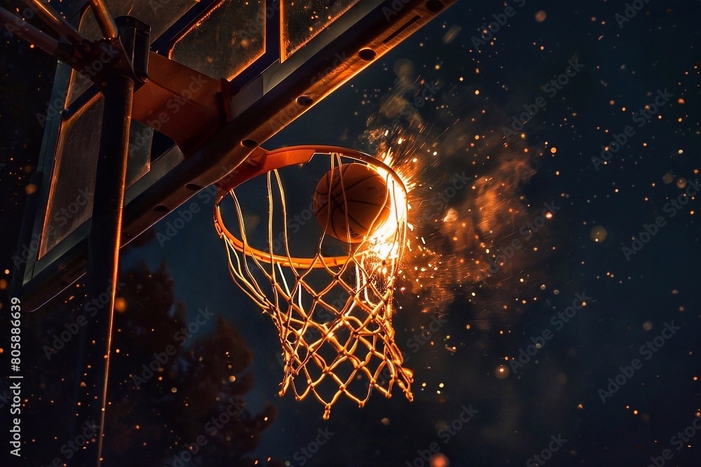 Basketball hoop with fire and sparks and burning ball on dark evening background. sport