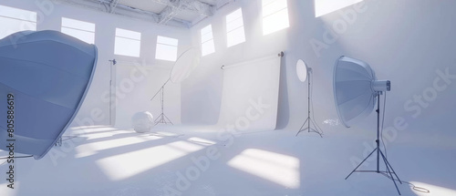 Light floods a white photography studio, highlighting empty space ready for creative use. photo