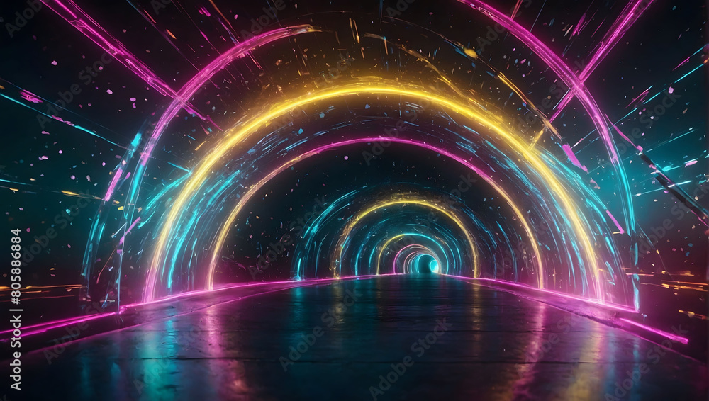 Galactic Gateway, Abstract Futuristic Background Portal Tunnel with Cosmic Pink, Turquoise, and Lemon Neon Moving High-Speed Wave Lines and Flare Lights