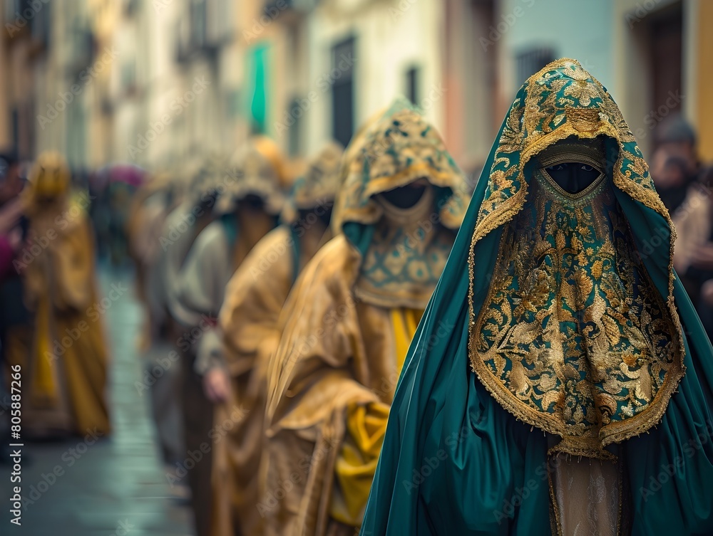 Obraz premium Traditional Penitential Robes in Festive Procession Through Historic Spanish Town