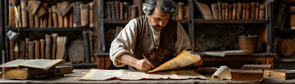Medieval Manuscript Illuminators Diligently Crafting Intricate Texts in a Historic Scriptorium Medieval Manuscript Illuminators Diligently Crafting Intricate Texts in a Historic Scriptorium