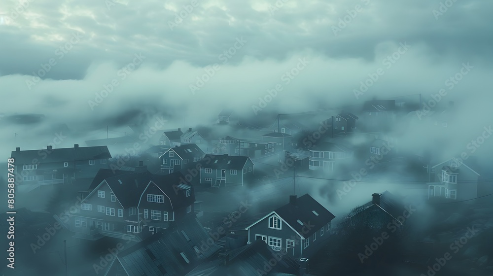 Fototapeta premium Fog Shrouded Coastal Town Enveloped in Atmospheric Mist