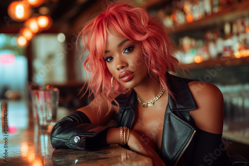 A woman with pink hair and a leather jacket poses confidently at a bar, with warm lighting and a vibrant atmosphere. Bold and stylish fashion with a contemporary edge.