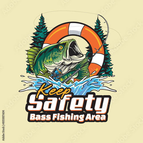 Vector Illustration of Bass Fish with Fishing Rod and Float Tire with Nature view with Vintage Illustration Available for Tshirt Design