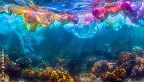 An underwater photograph of coral reefs, with colorful currents flowing above the coral creating waves