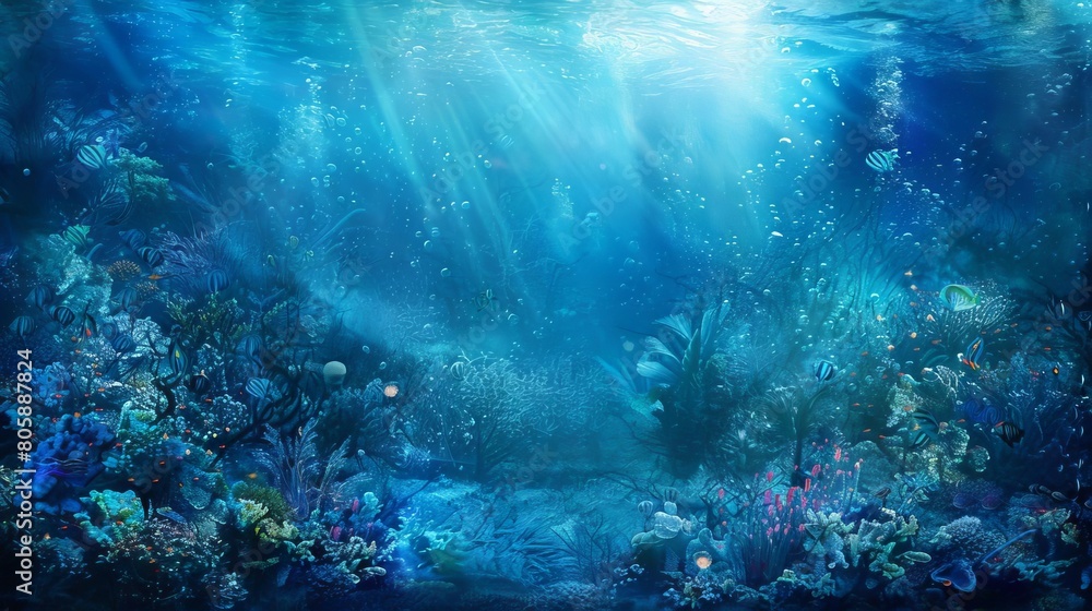 An underwater scene in shades of blue, where marine life appears to blend seamlessly into its environment