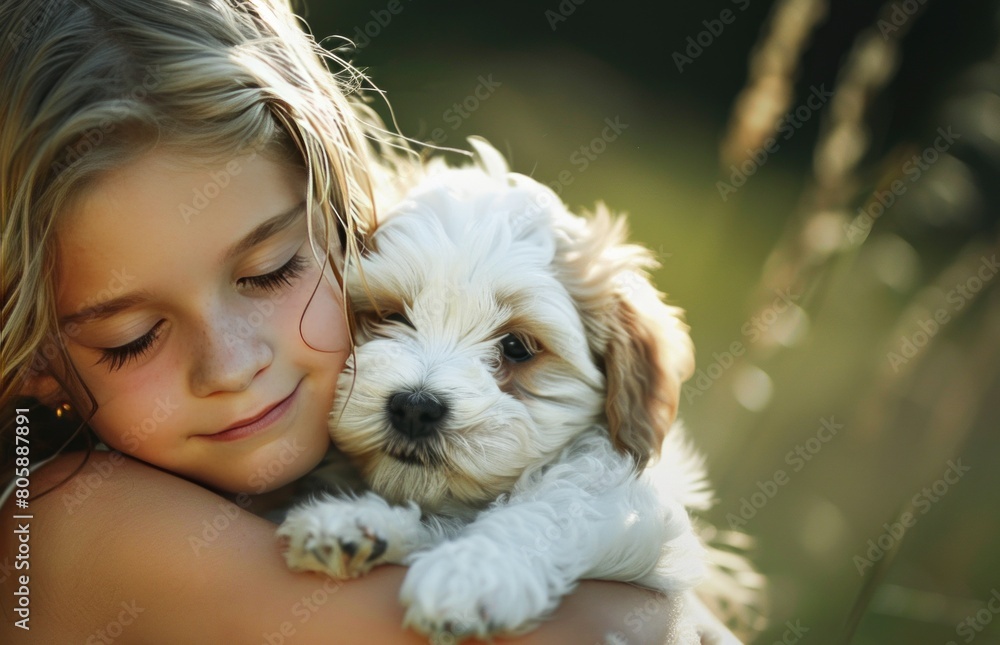 Young Girl Embracing Her Fluffy Puppy in a Sunlit Garden at Dusk Young Girl Embracing Her Fluffy Puppy in a Sunlit Garden at Dusk