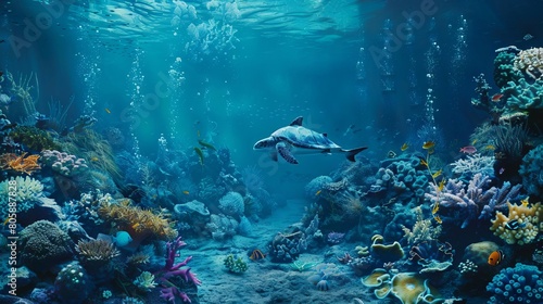 An underwater scene in shades of blue, where marine life appears to blend seamlessly into its environment