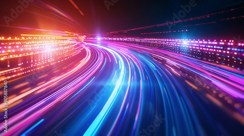 High-speed data connection dynamic technology abstract. Cyber concept vibrant lights motion blur