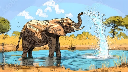 An elephant joyfully spraying water on a sunny savanna day © abangaboy