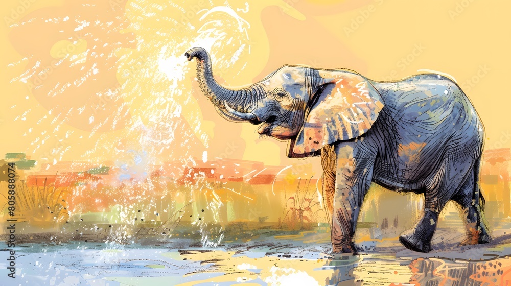 Fototapeta premium An elephant joyfully spraying water on a sunny savannah day