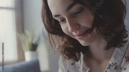 A woman's serene smile enhanced by soft natural light, capturing a moment of blissful thought.