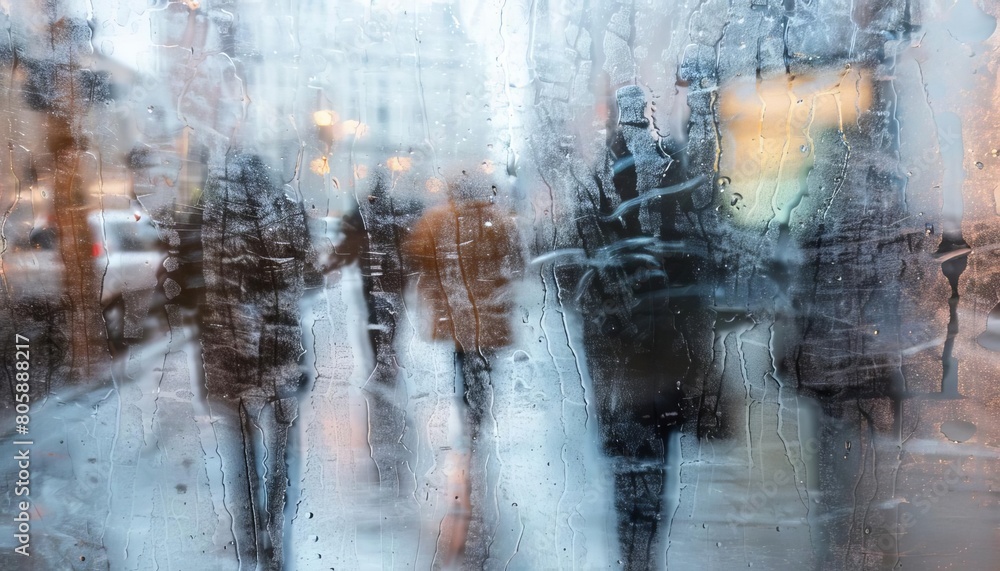 An urban street with pedestrians walking, seen through frosted glass and turning the scene into an abstract mosaic
