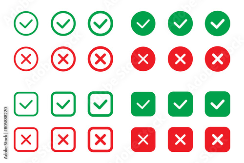 Right or wrong icons. Green tick and red cross checkmarks in circle flat icons. Yes or no symbol, approved or rejected icon for user interface.