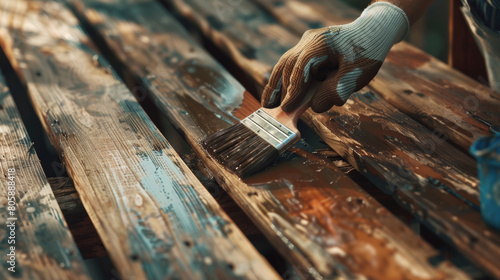 Artisan hand applying stain on textured wooden planks during a rustic project. photo
