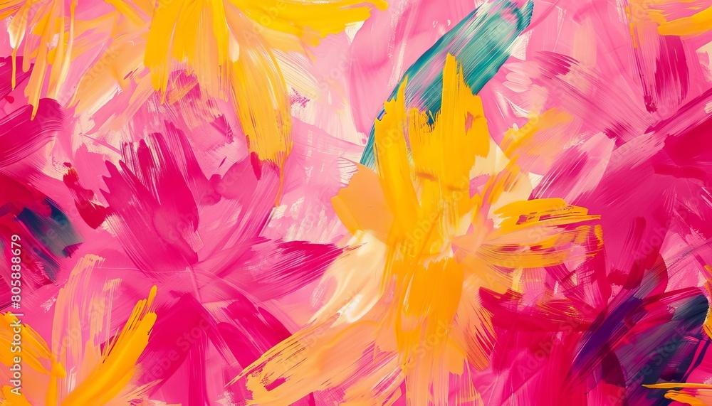 Bold, broad brushstrokes in bright pink and yellow that create an abstract, floralinspired pattern