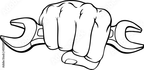 A hand in a fist holding a spanner or wrench illustration.