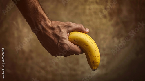 Close-up masculine hand ripe banana. Concept erectile dysfunction, health problem, impotence