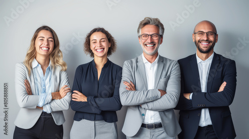 Portrait of  a businesspeople group  posing against gray background. wall. Portrait of multi-ethnic male and female professionals. photo