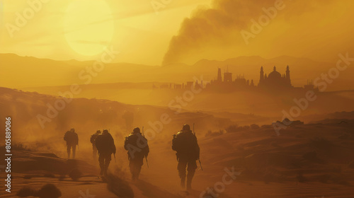 Silhouetted soldiers trudge through a desert, a mystical city looms in the sunset haze.