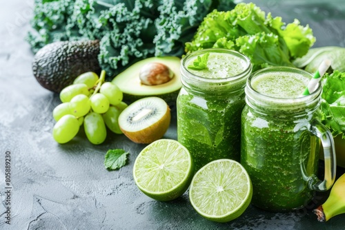 Fresh Green Smoothies Served in Mason Jars Surrounded by Assorted Ingredients on Slate Background