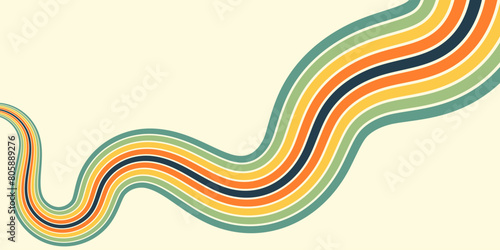 Abstract colorful 70s background vector. Vintage retro wallpaper with rainbow stripes and wavy lines. A 1970 color illustration suitable for posters, banners, decorative items and wall art.