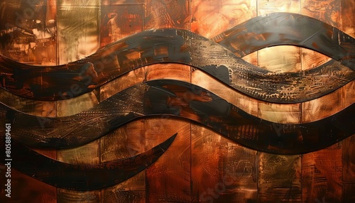 Bold, sweeping strokes in metallic copper and rust, creating an abstract homage to industrial design photo