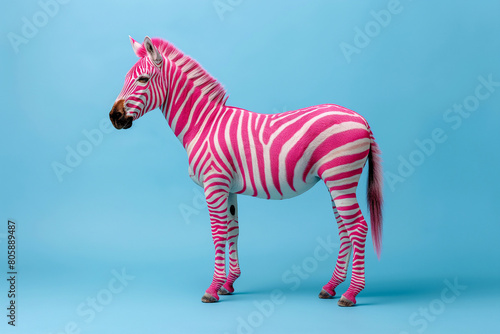 psychedelic pink striped zebra isolated on a blue background, portrait shot