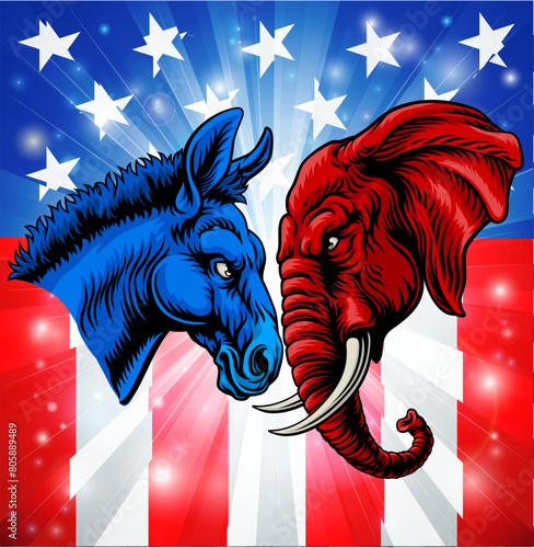 Republican and democrat elephant and donkey facing off American election party politics concept