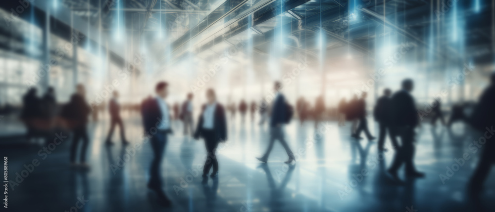 Background Double exposure businesspeople walking in crowded building office area.