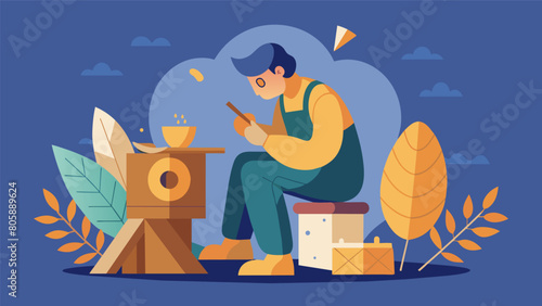 A person sitting in a workshop carving a piece of wood into a manifestation of their inner struggles and using the process as a way to confront and.